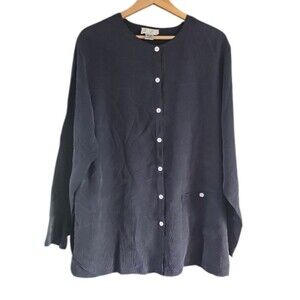 Anne Larson 100% Silk Blouse Vintage Sz 2X Navy Blue Button Down Collarless